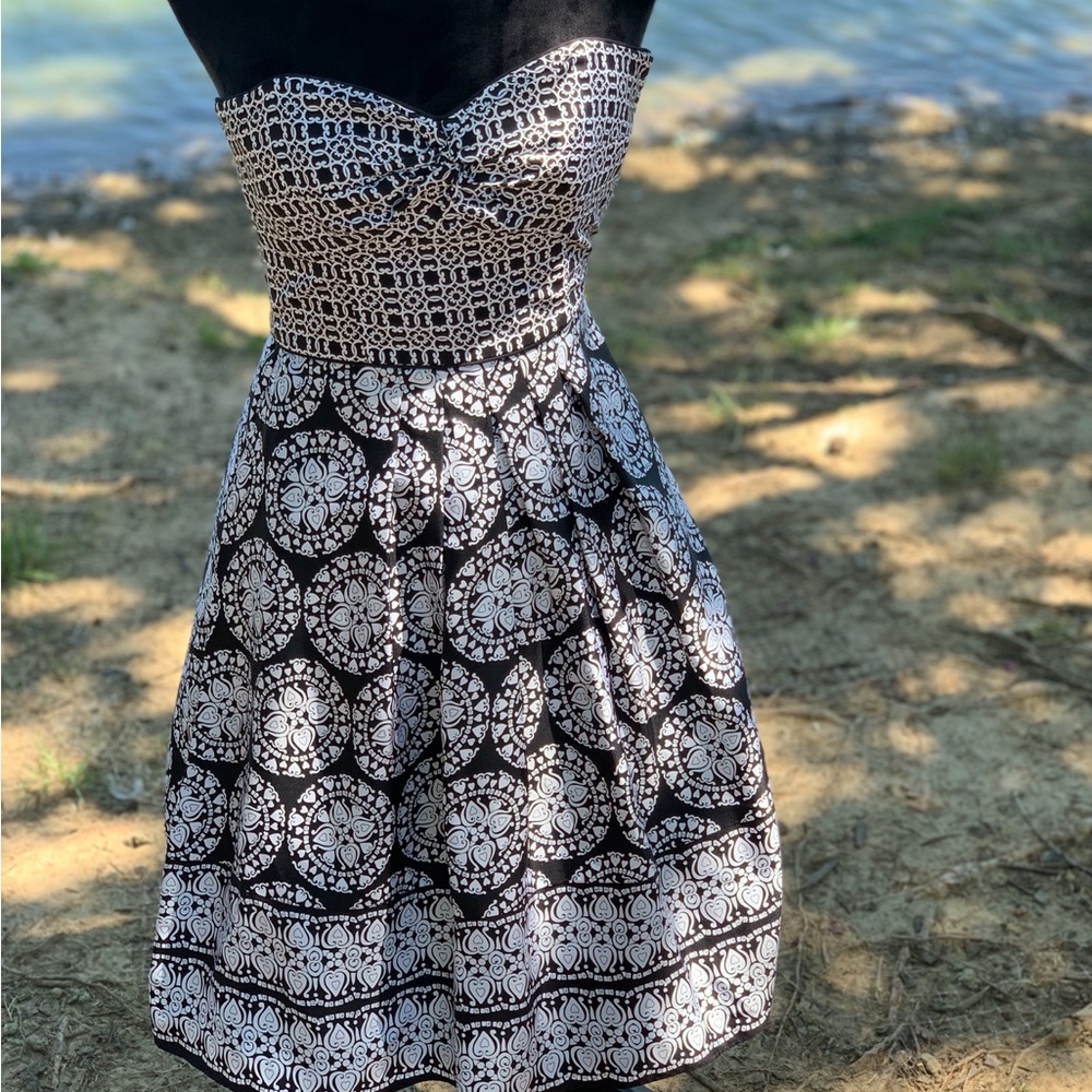 White House Black Market Black and White Strapless Sundress